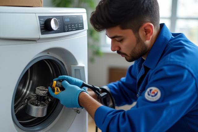 Nishad Repairs तकनीशियन दोषपूर्ण उपकरण की जांच कर रहा है