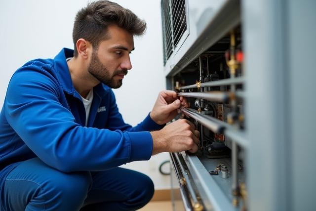 Nishad Repairs तकनीशियन एयर कंडीशनर का रखरखाव कर रहा है