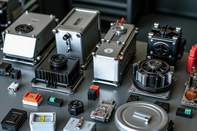 विभिन्न उपकरणों के स्पेयर पार्ट्स एक टेबल पर रखे हुए हैं